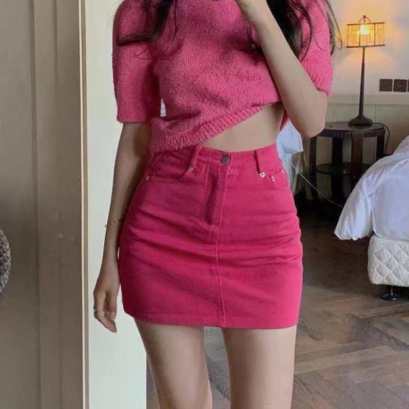 

Rose Red Denim Shorts Skirt Women 2023 Streetwear Ladies Short Skirts Jeans Casual All Match Elastic Ball A-Line Short Skirt