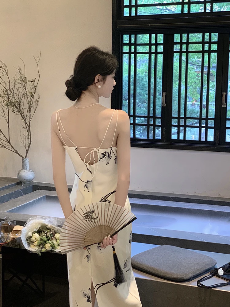 

French Print Satin Long Dresses 2023 Summer Vintage Sleeveless Suspenders Backless Female Clothes Elegant Evening Party Dress