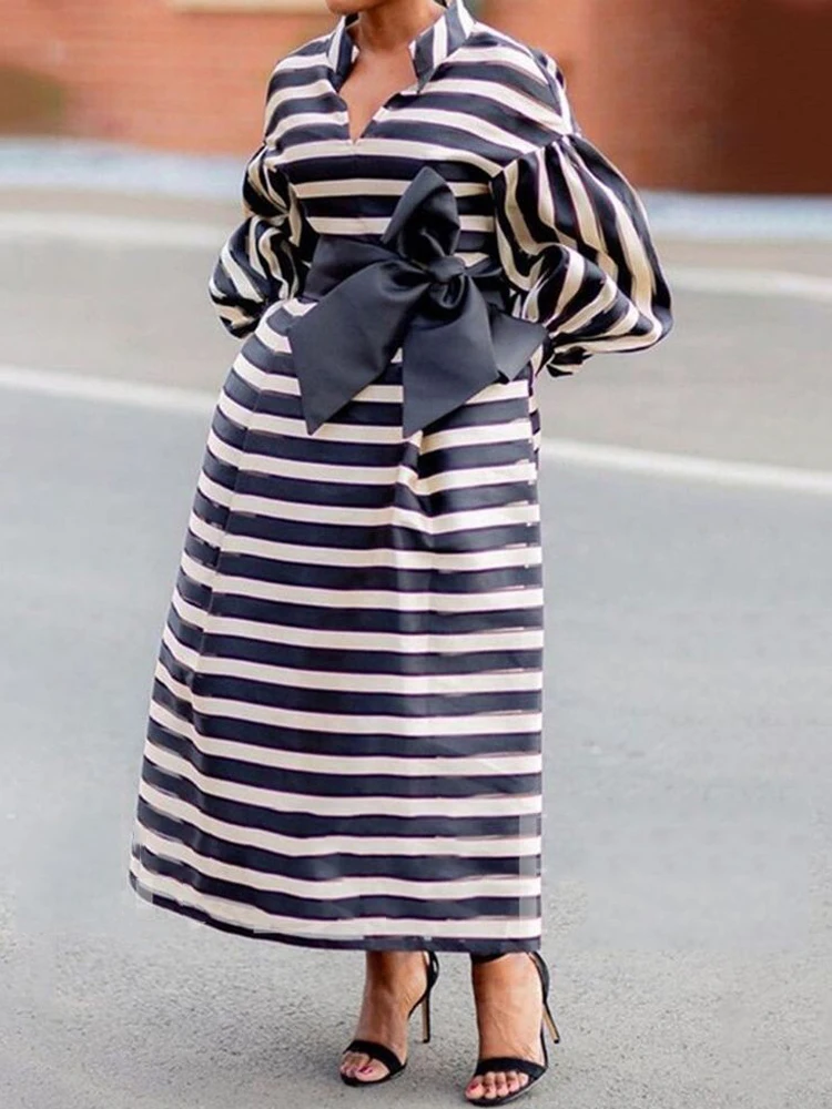 

Elegant Women Print Dress Striped Jumper Puffy Long Sleeve Stand Neck Pocket Belt Birthday Party Event Long Dresses Big Size