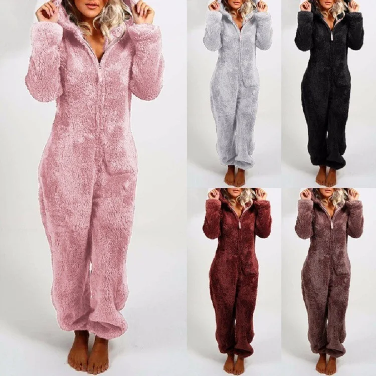 2023 autumn and winter women's plush and thick jumpsuit home hooded pajamas