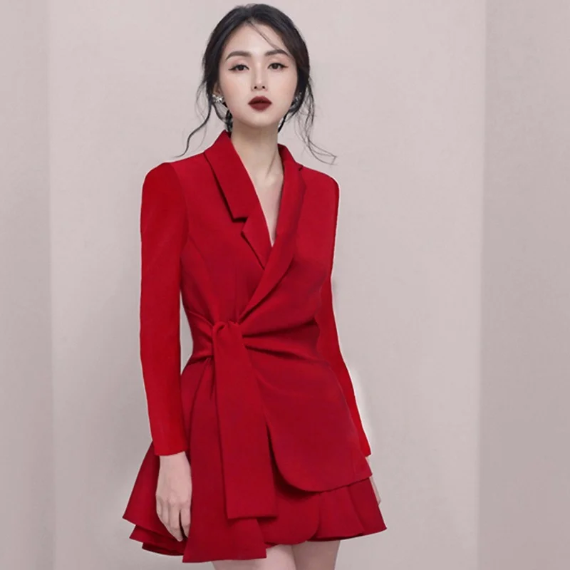 2021 Autumn and Spring Women's Fashion Casual Lapel Black High Waist Slim Temperament Long-sleeved Bow Blazer Skirt Women New