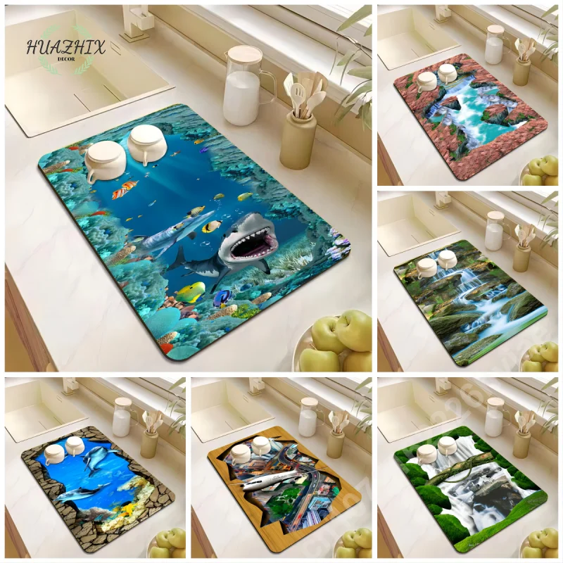 

3D Ground Mapping Dish Drying Mat Drain Pads for Kitchen Placemat Super Absorbent Anti-Slip Waterproof Anti-Bacteria Home Decor
