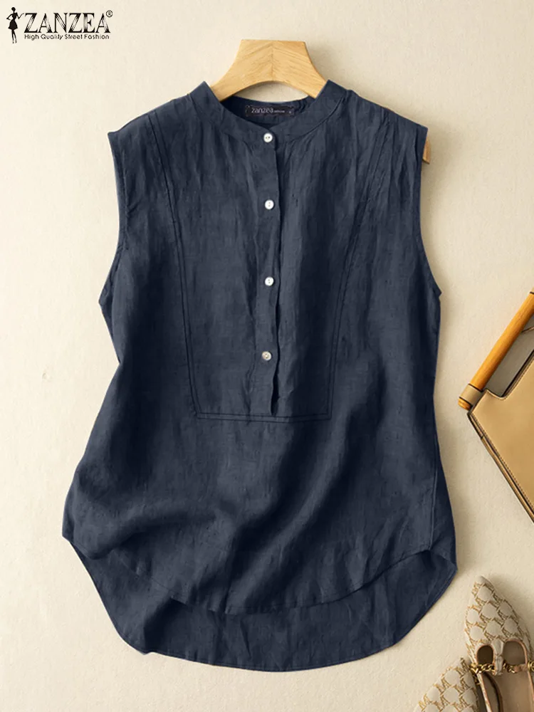 ZANZEA Женская Летняя Однотонная Блузка Без Рукавов Элегантный Дизайн Офисный Топ