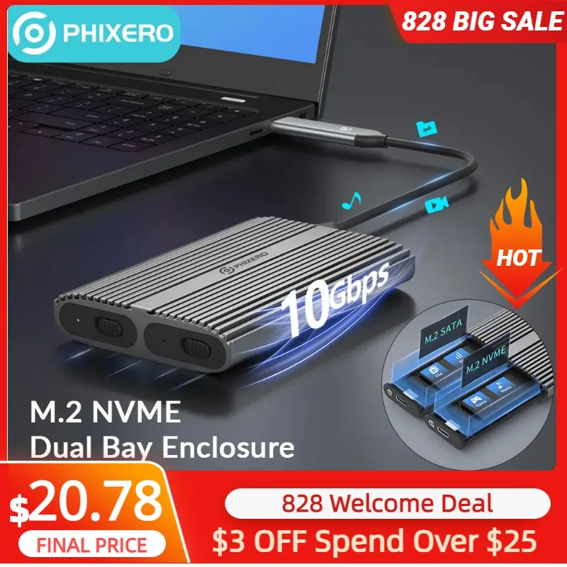 

PHIXERO 10Gbps tool Free Dual Bay M.2 NVMe SATA 2bay SSD Enclosure Blazing Speed Thunderbolt 3 Compatible for Windows Macbook PC