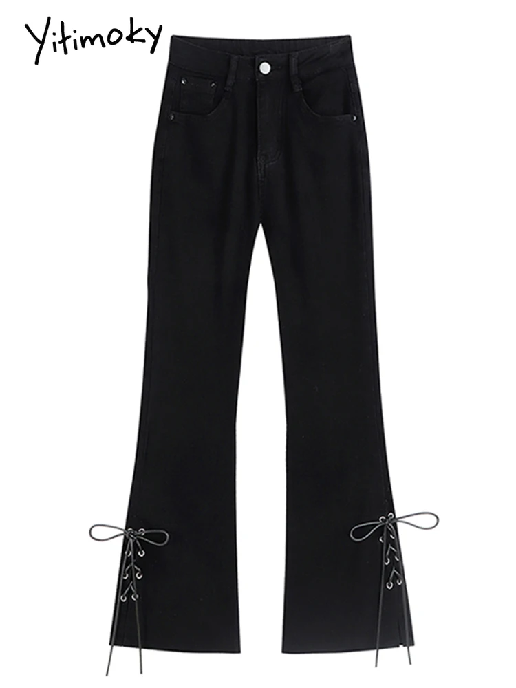 

Yitimoky High Waist 2022 Spring Fashion Full Length Jeans Vintage Black Bow Lace Up Flare Pants Wide Leg Pants Girls Women Jeans