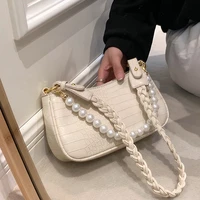 2022 rope handle beaded design small stone pattern pu leather shoulder crossbody bag vintage luxury brand handbags and purses