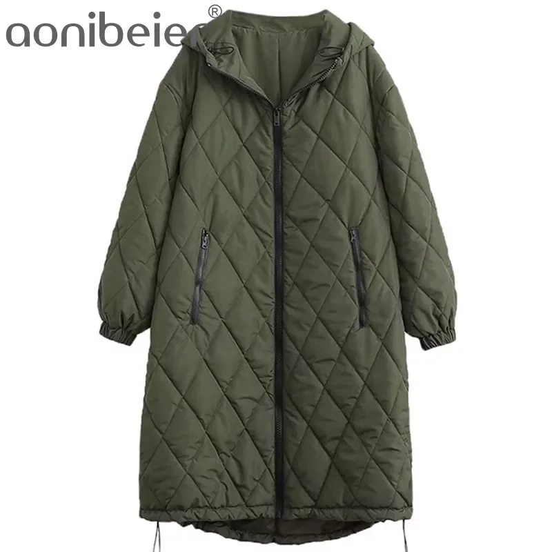 Enlarge Aonibeier 2022   Woman Casual Traf Coats Winter Warm Argyle Quilted Padded Jacket Hooded Zipper Mid Length Loose Parkas Outwear