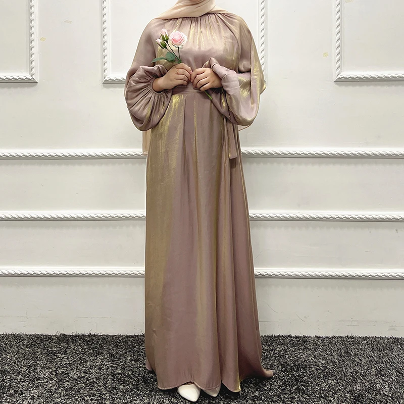 Satin Long Dress Muslim Women Abayas With Puff Sleeves 2022 Plus Size For Hijab Middle East Turkish Arabian Eid Dresses Dubai