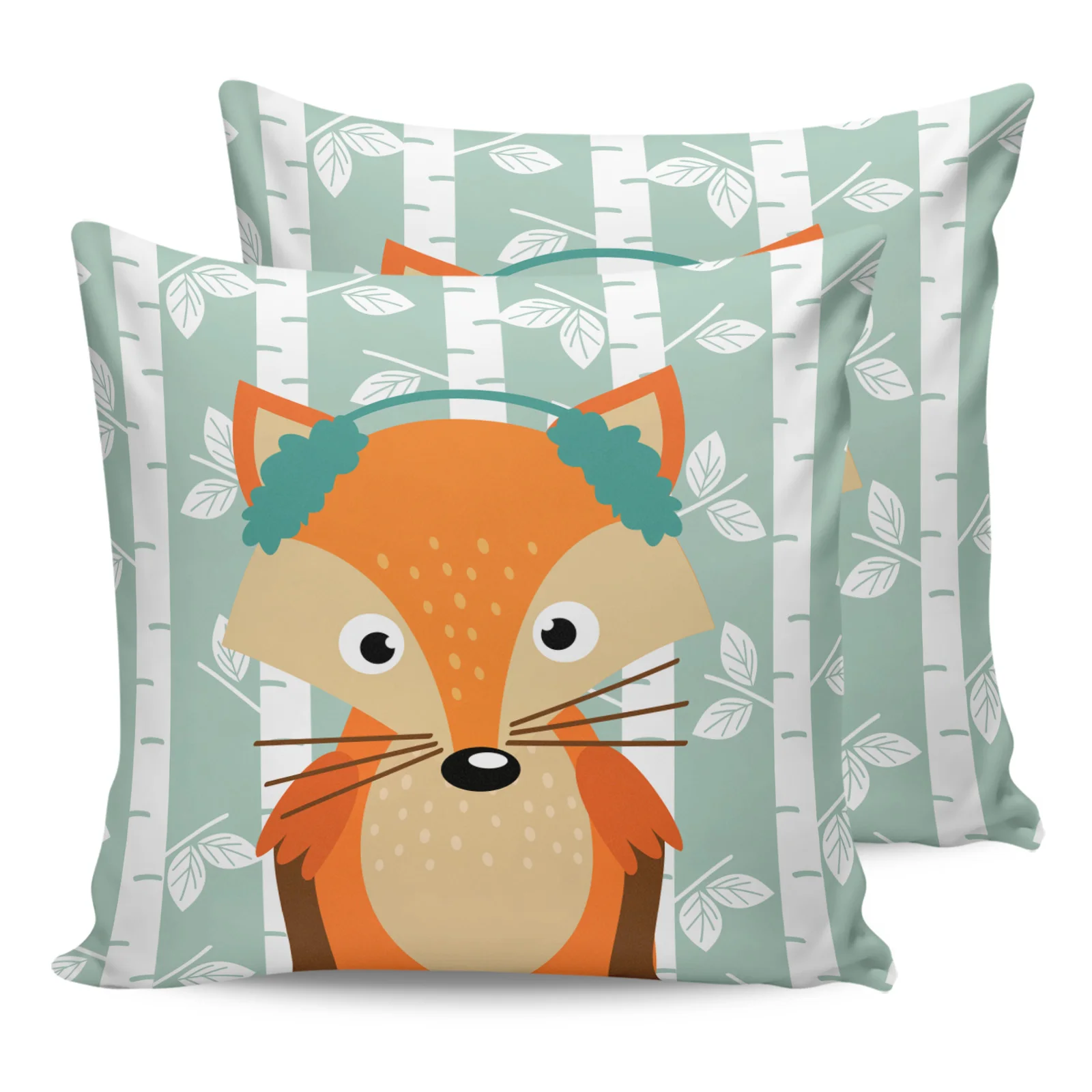 

2PCS Pillowcases Cartoon Fox White Birch Cushion Cover Home Bedding Living Room Decorative Couch Throw Pillow Case