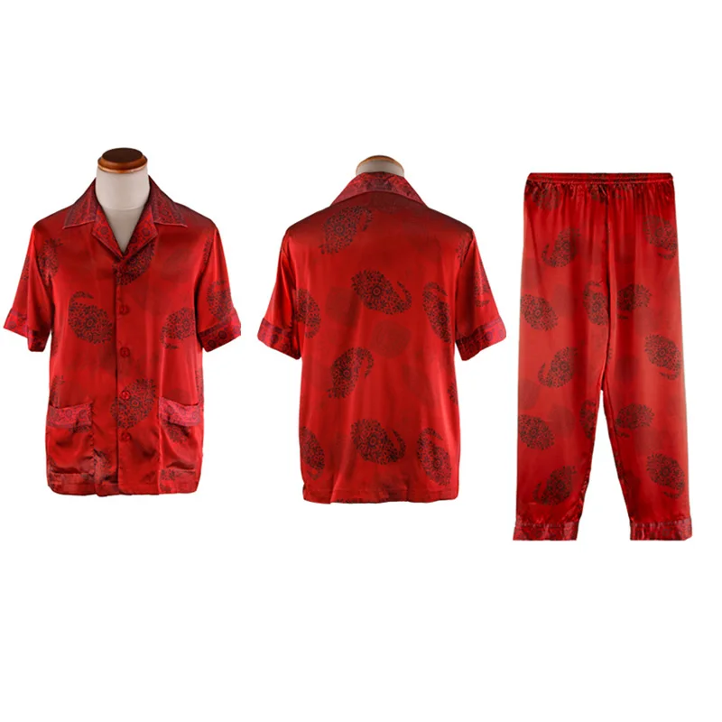 Mens Pajamas Satin Silk Sleepwear Short Sleeved Silk Pajama Set Male Home Clothes Drop Shipping