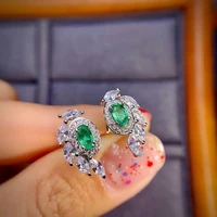 meibapj natural columbia emerald gemstone leaf stud earrings real 925 silver earrings fine charm jewelry for women
