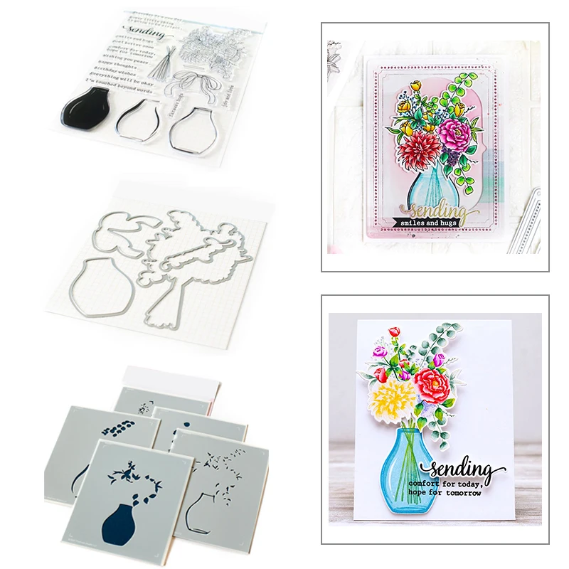 

2021 New Flower Vase Plastic Stencil Clear Stamps Metal Cutting Dies Sets For DIY Crafts Making Greeting Card Paper Scrapbooking