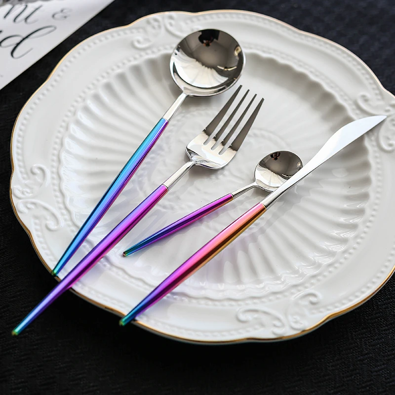 

24Pcs/Set Stainless Steel Dinnerware Set Korean Food Cutlery Dinner Tableware Kitchen Accessories Rainbow Western Fork Knife