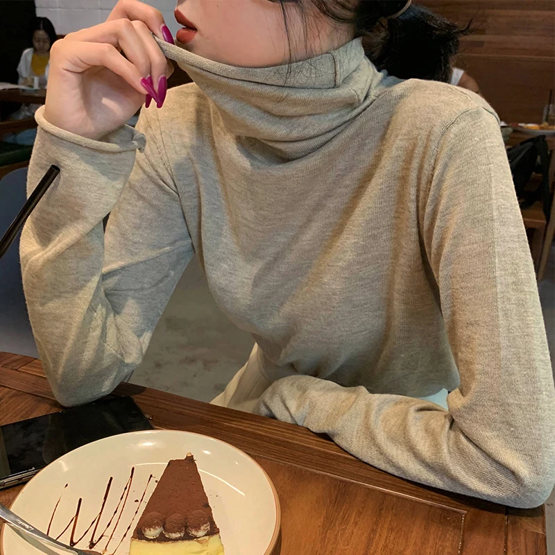 

Autumn and winter long-sleeved T-shirt women's mid-length casual loose loose inner bottoming shirt top round neck mid-high colla