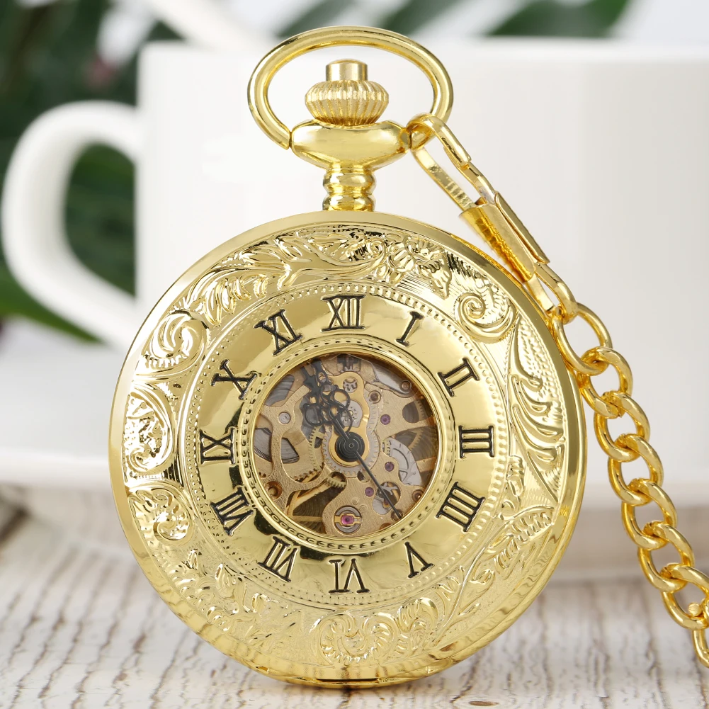 Gold Double Cover Roman Numerals Display Manual Mechanical Pocket Watch Skeleton Vintage Hand Winding Antique Clock Gift Male