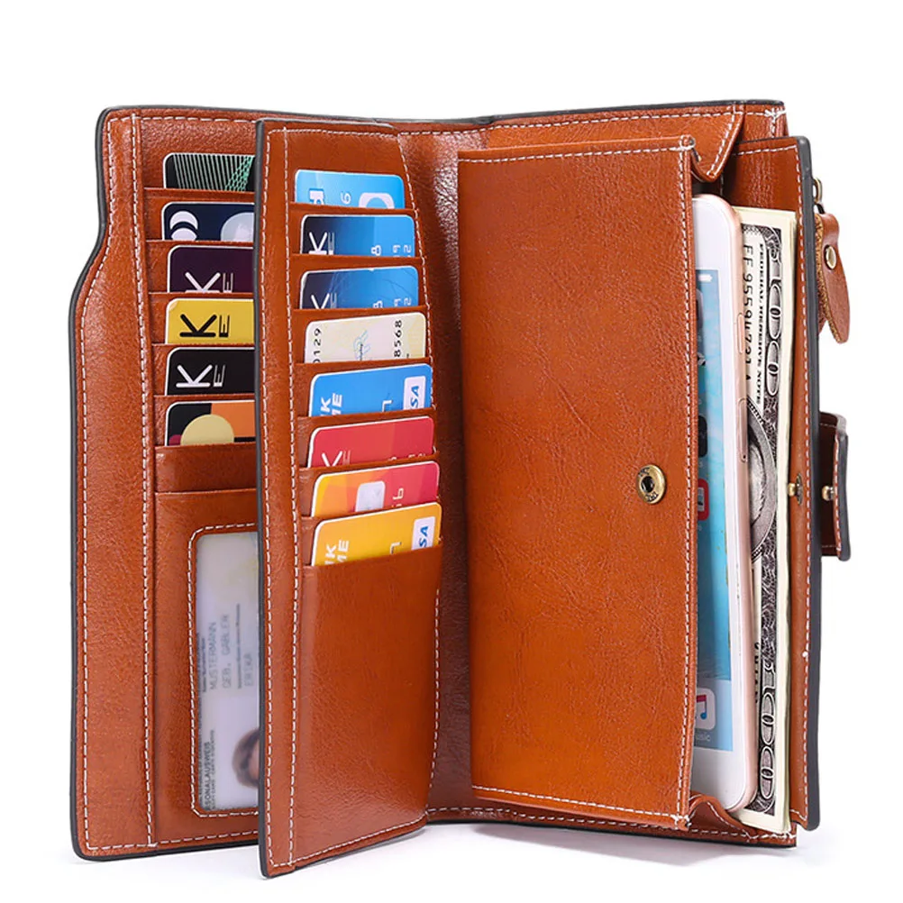 2022 Hot Sale Leather Women Wallet Rfid Long Oil Wax Leather Mobile Phone Clutch Bag Retro Large Capacity Women Clutch