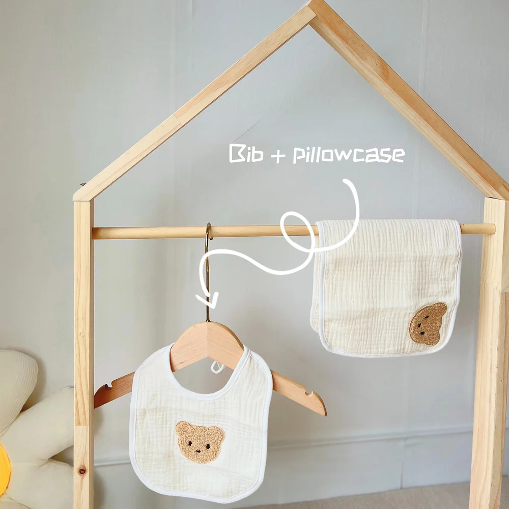 

Bear Pure Cotton Bib Pillow Scarf Set Embroidered Saliva Towel Infant Pillow Towel Anti-fouling Anti-spit Milk Gauze Korea Ins