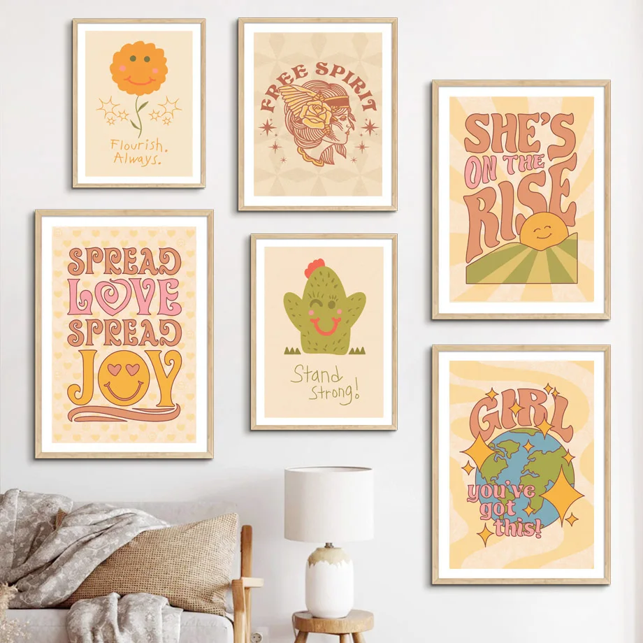 

Boho Cactus Flower Sun Inspirational Quote Vintage Wall Art Pictures Canvas Painting Nordic Posters And Prints Living Room Decor
