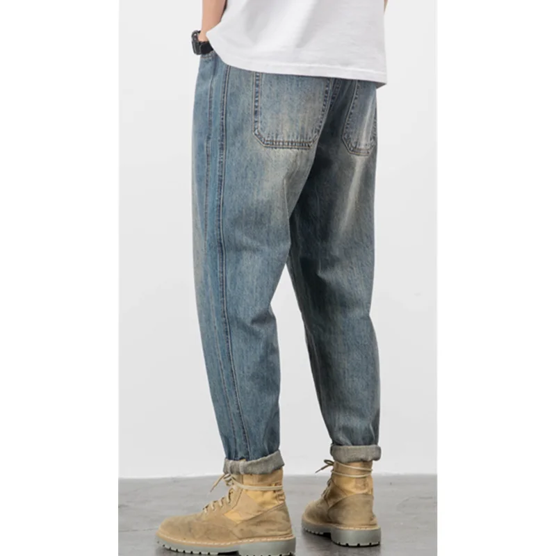 Streetwear Men New Pattern Vintage Recreational Martin Boots Pants Straight Cylinder Comfortable Loose Blue Jeans Autumn Female