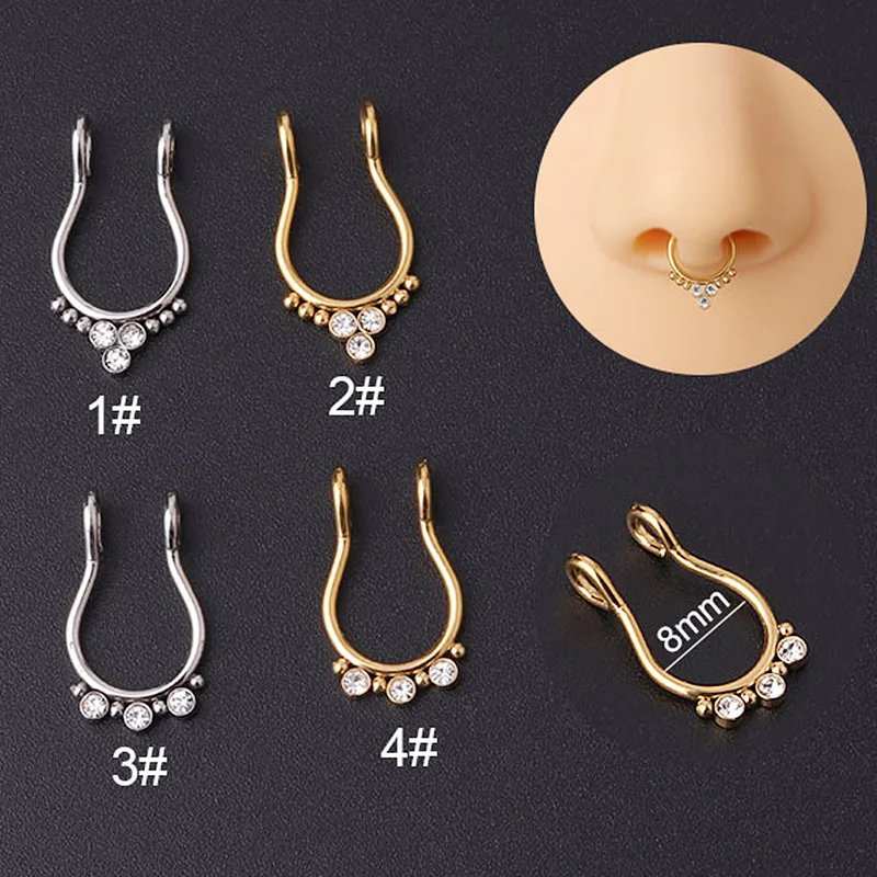 1pc CZ Inlaid Non-Pierced Fake Nose Ring Hoop Septum Rings Stainless Steel C Clip Earring for Women Piercing Body Jewelry - купить по