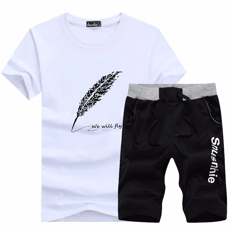 

Hawaiian Suit Men's Fashion Feather Print Short Sleeve T-Shirt + Shorts 2-Piece Quick Dry Beach Shorts Suit Casual Jogging Suit