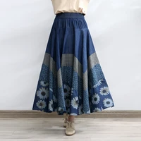 tiyihailey free shipping 2022 new long maxi a line skirt women elastic waist spring autumn denim jeans vintage big hem print