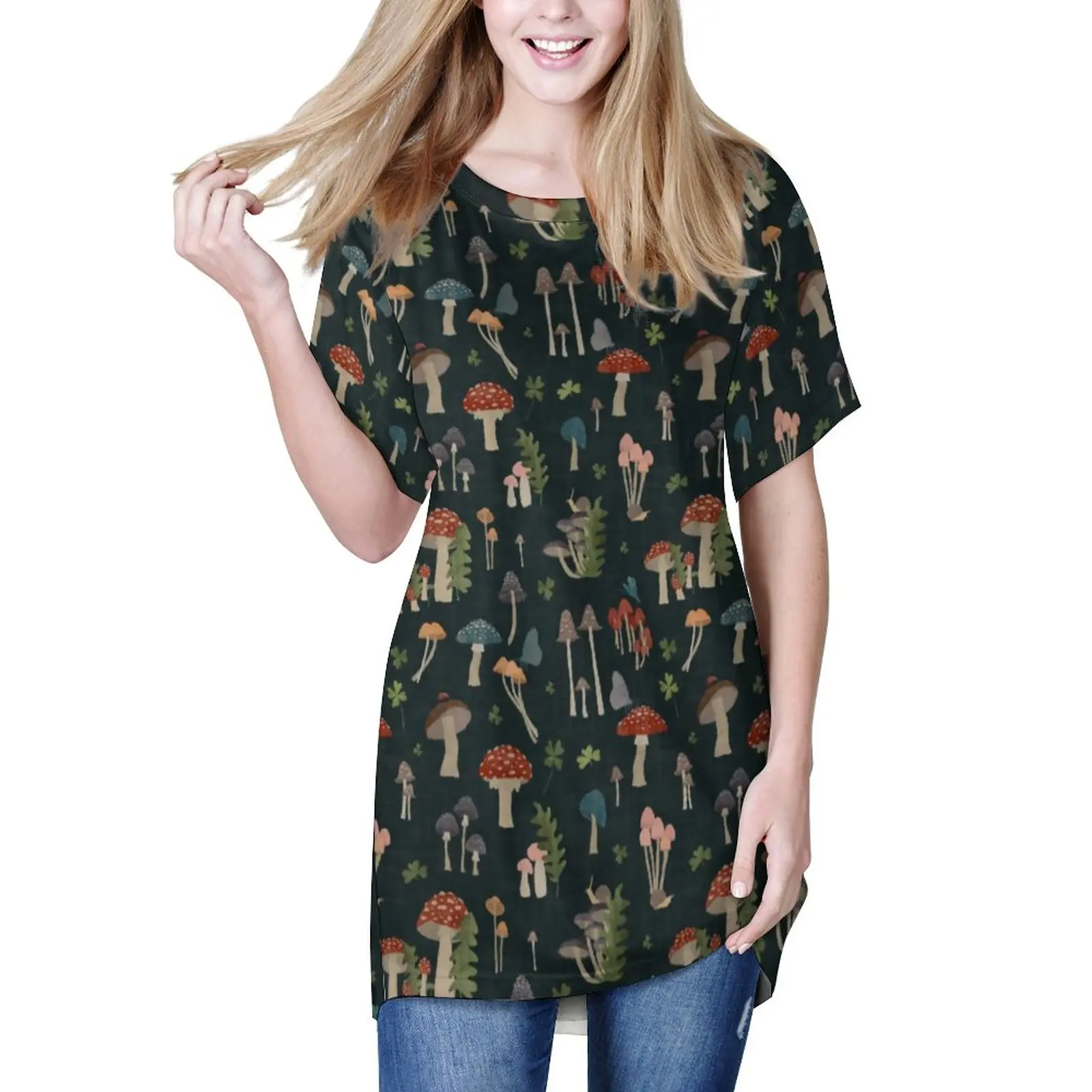 

Винтажная Футболка с принтом грибов, длинные Ретро футболки с принтом зеленых листьев, уличная одежда с коротким рукавом, женская сексуальн...