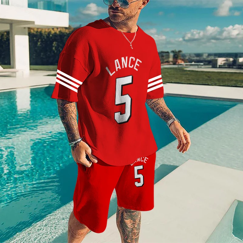 Summer Men's Short-Sleeved Shorts Suit Loose T-shirt Sports Style Red Ball Number Printing Breathable Casual Two-Piece Ball Suit
