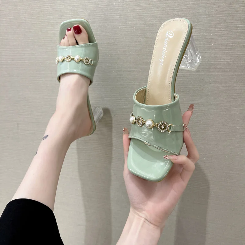 

Шлепанцы женские на высоком каблуке, массивные сандалии с жемчугом, сланцы, наряд, шлепанцы для вечеривечерние, для путешествий, лето, 2022