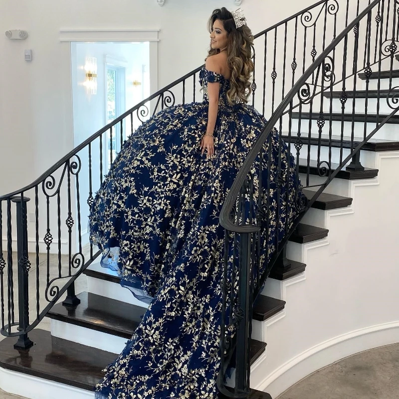 

Navy Blue Embellished Quinceanera Dress 2023 Ball Gown Gold Appliques Beading Sequins Sweet 15 16 Dress Vestido De 15 Anos