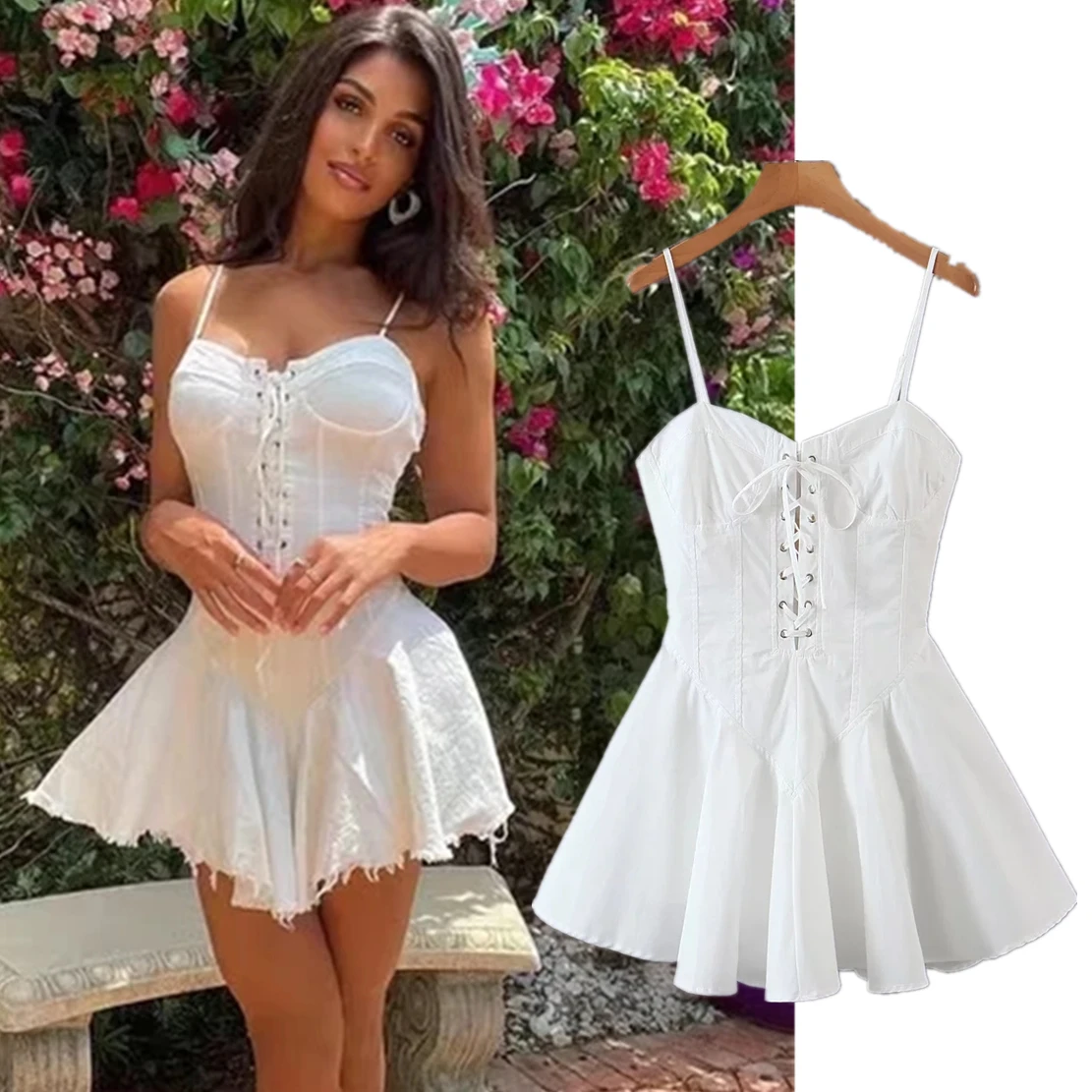 

Elmsk 2022 French Style Vintage Bandage Sexy Suspender Dress Inide Folk Pure White Cotton Beach Mini Summer Dress Women
