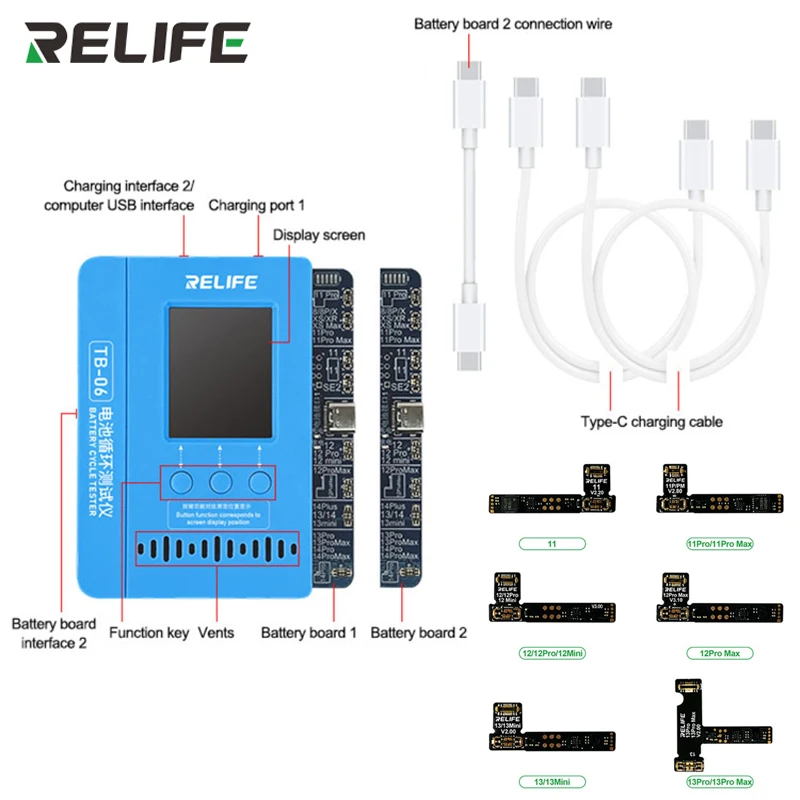

Relife TB-06 Single and Dual Battery Cycle Tester for iPhone 8-14 Pro Max Fast Single Discharge Battery Data Read/Write Repair