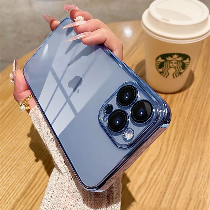 

Luxury Square Plating Clear Phone Case For iPhone 11 12 13 14 Pro Max Mini XR X XS Transparent Silicone Soft Shockproof Cover