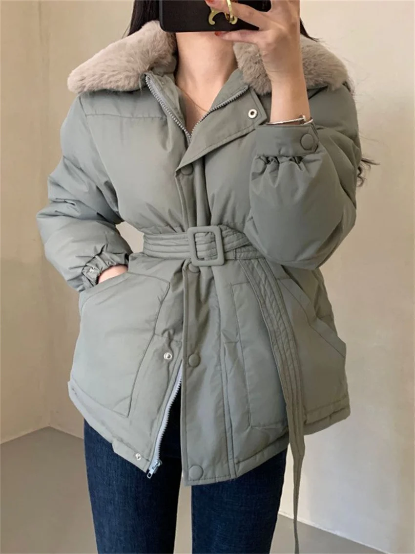 

HziriP Down Cotton Jacket Women OL Winter With Belt Chic Office Lady 2022 Loose Fashion Casual All Match Normcore Street Coats