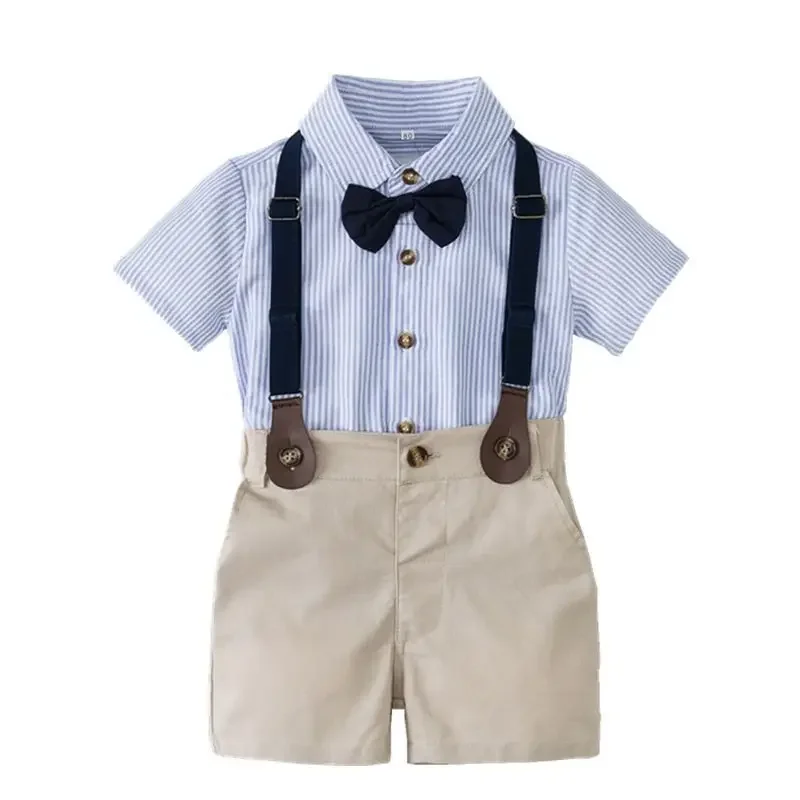 

Summer Romper Clothes Set For Baby Boy With Bow Hat Gentleman Striped Suit Boys Children's Shirt Short Sleeve Shorts 2 Piece