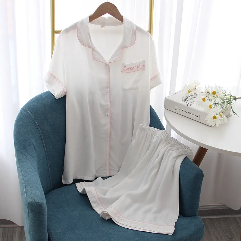 Home Clothes Pajamas Set Two-piece Lapel Women Viscose Short-sleeved Shorts Love Summer Smooth Cardigan Letters Sleep Wears Thin