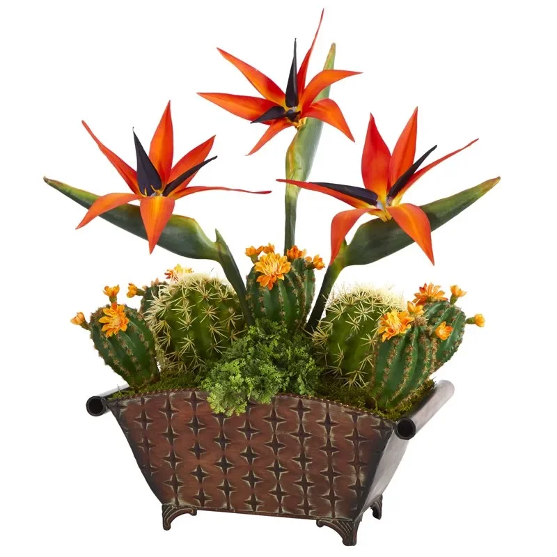 

21" Bird of and Cactus Artificial Plant in Metal Planter, Orange