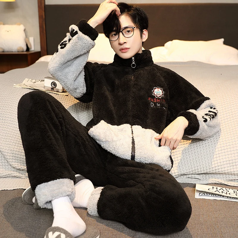 QIHENG 5XL Winter Men Pajamas Set Flannel Coral Fleece Thick Sleepwear Turtleneck Zipper Warm Nightwear Large Size Loungewear