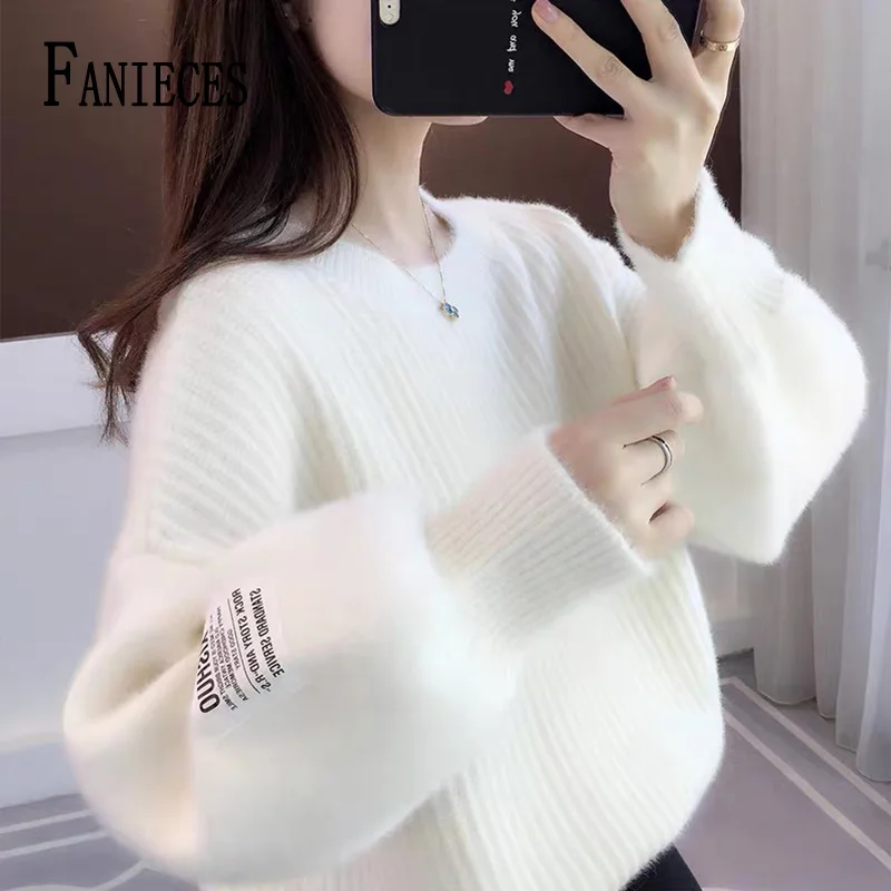 

FANIECES Mohair Women Sweater Pullover Winter Long Lantern Sleeve Loose Knitwear Top Casual Pull Suéteres Blusa De Frio Feminina