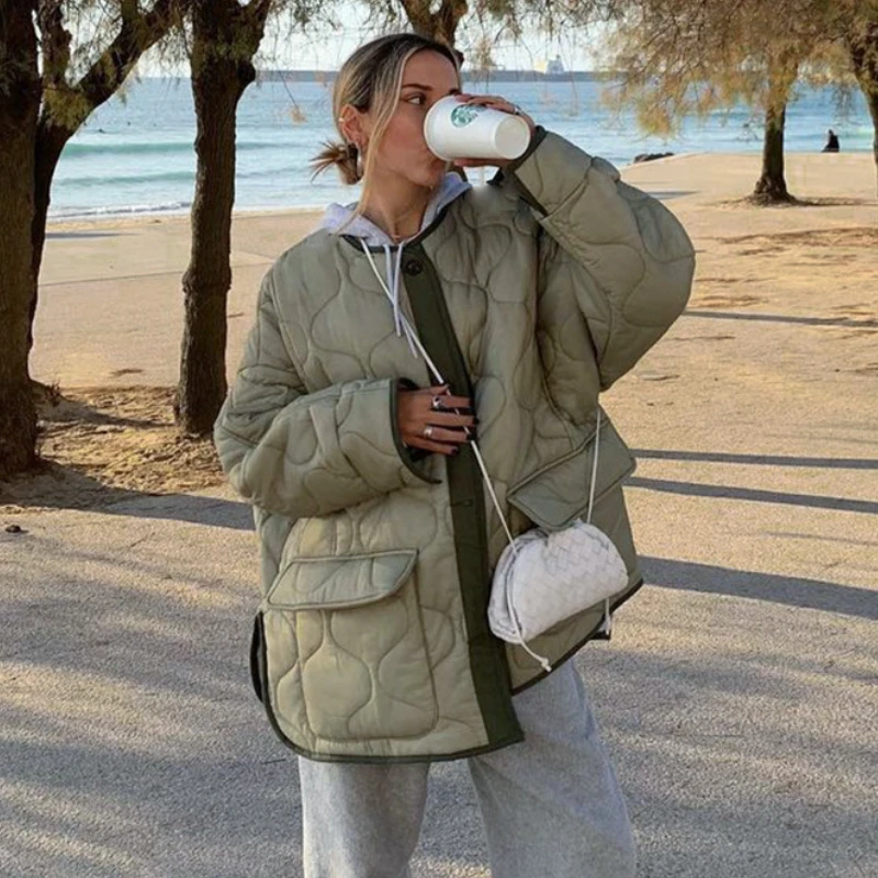 2022 Autumn and Winter Models with Pockets Loose Round Neck Long-sleeved Jacket Jacket Cotton Jacket Women Fashion Women's