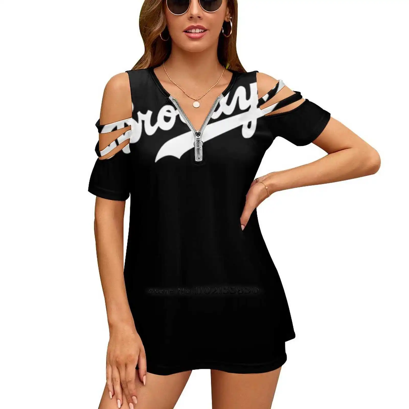 

Brooklyn Logo 1 Women V Neck T-Shirt Casual Sexy T Shirts Hollow Out Zipper Pullover Top Brooklyn Brooklyn Baseball Hip Hop Old
