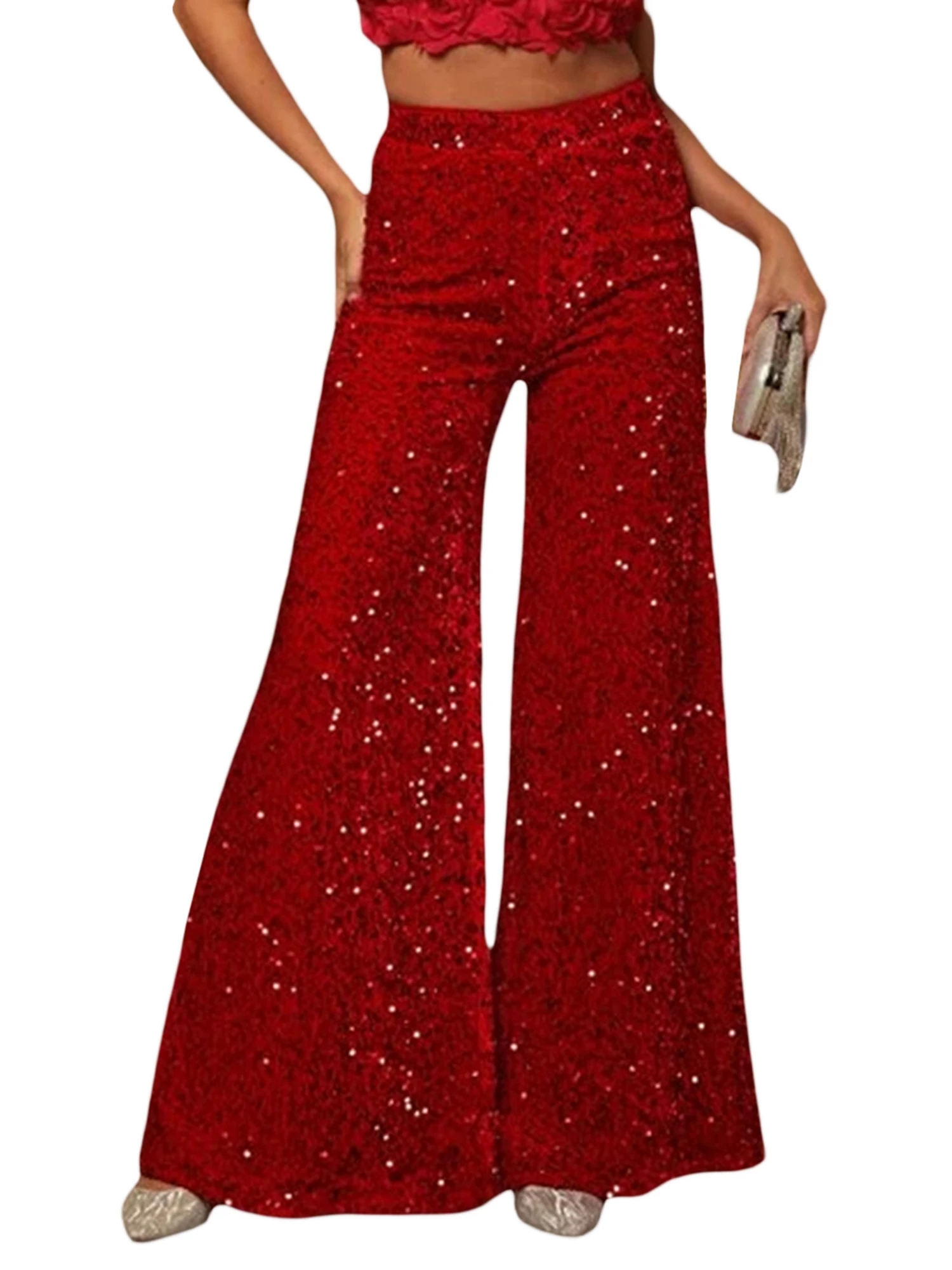 

JBEELATE Women s Sequin Wide Leg Pants Sparkle Elastic High Waist Glitter Flare Bell Bottom Trousers Party Clubwear Red