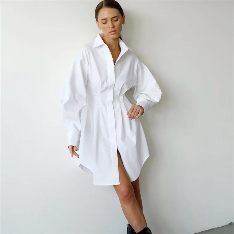

Women White Long Sleeve Pleated Shirt Dress Spring Autumn A-Line Single Breasted Casual Dresses Office Solid Lapel Mini Dress