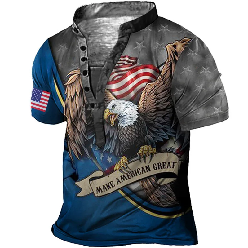 Summer New Fashion Men's Muscle Six Button V-neck Short Sleeves Map Graphic 3D Printed Cool Tops Retro Streetwear