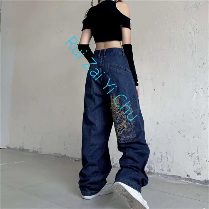 Embroidered Straight Jeans Women Y2K New Hip Hop Joker High Waist Wide Leg Pants Casual Trend Jeans American Retro Street Loose
