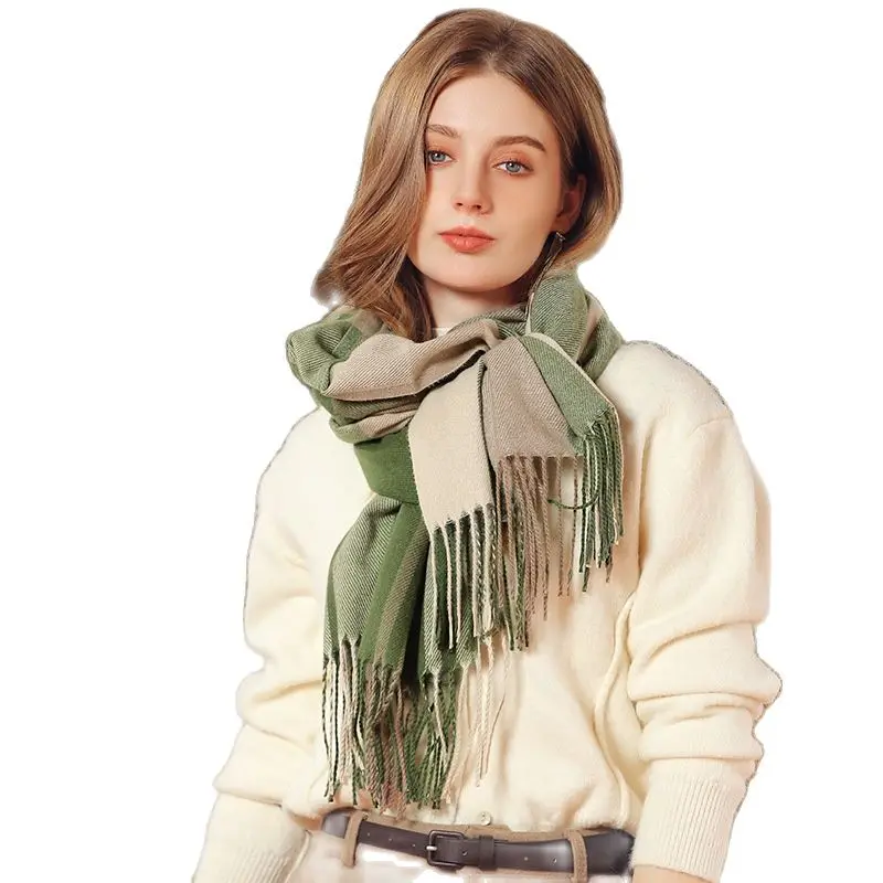 

Зимний клетчатый кашемировый женский шарф, зеленая модная женская шерстяная зимняя шаль ручной работы, черная, белая зимняя шаль в клетку