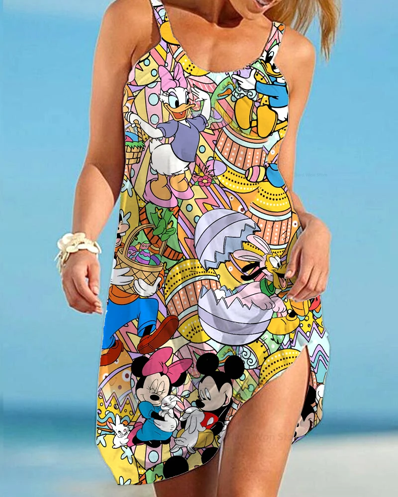 

Летнее пляжное платье без рукавов, элегантное платье, свободная пикантная женская ночная рубашка на бретельках с принтом Диснея Микки Мауса