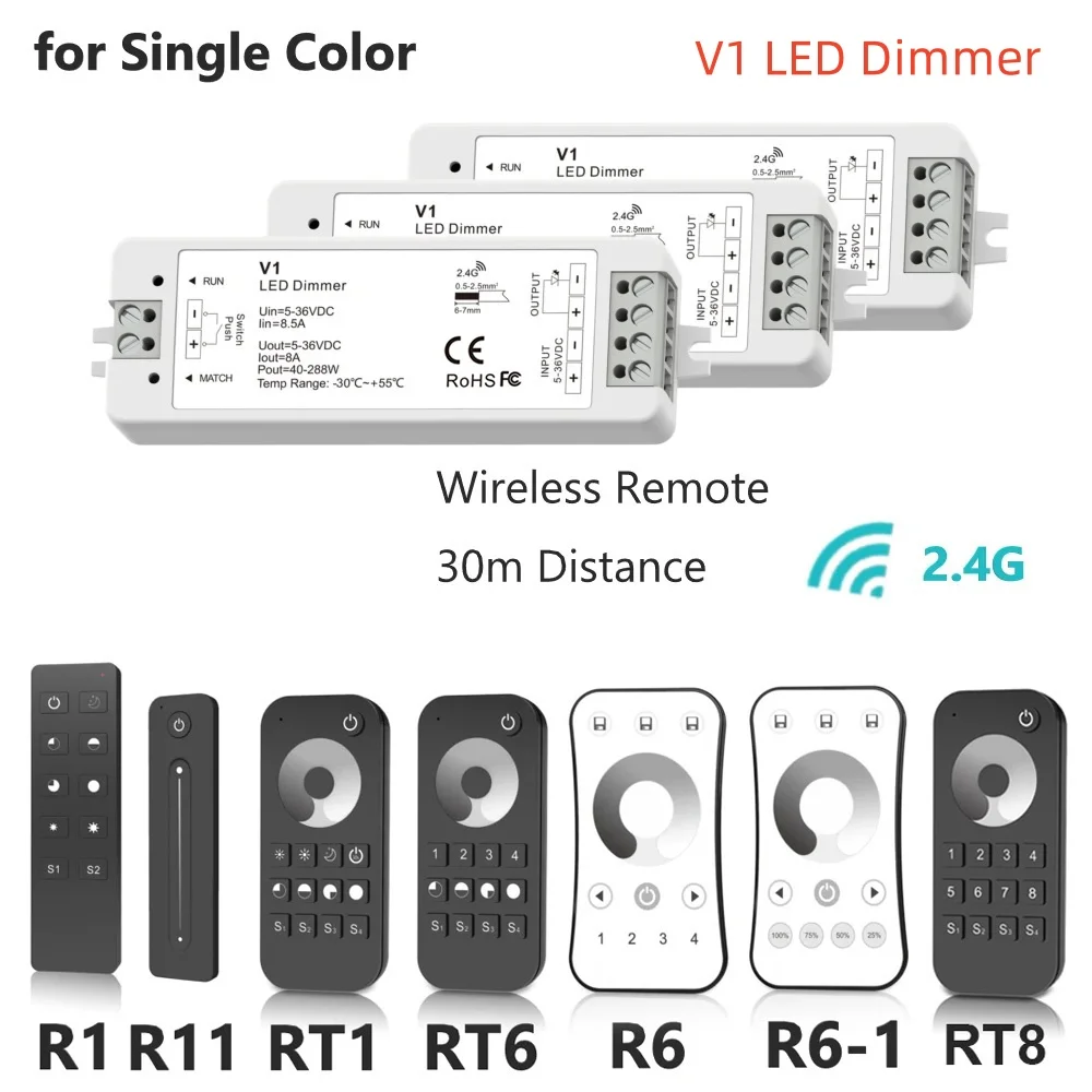 Фото V1 светодиодный диммер 5 в 12 В 24 в 36 В фотоконтроллер от 1 до 8 зон 2,4G беспроводной пульт дистанционного управления RT1 RT6 RT8 R1 R6 R11 для одноцветной фотоленты №1