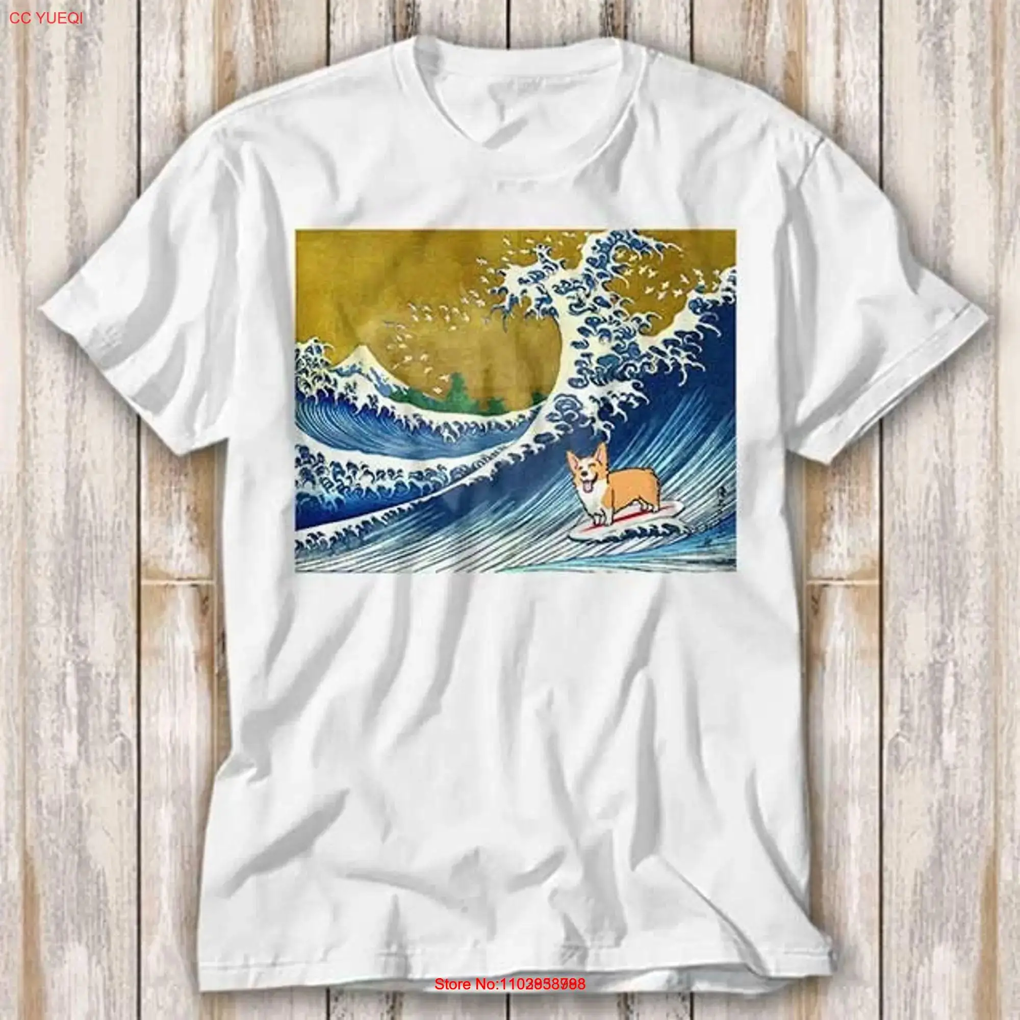Фото Футболка The Great Wave Off Kanagawa Surfing Corgi Dog, бестселлер, забавный фильм, музыка, мем, топ 4149, длинные или короткие рукава №1