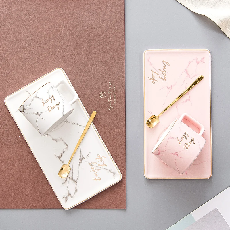 

Marble Ceramic Coffee Cup Saucer Spoon Set Pink Reusable Coffee Mug Arabic Nordic Design Tea Cup Kahve Fincan Takimlari Cup Set